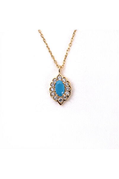 FasekGold Gümüş Kolye - Oval Firuze (Turkuaz) Taşlı Yanları Zirkon Taşlı Mode...