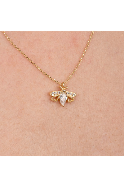 FasekGold Gümüş Kolye - Oval Zirkon Taşlı Arı 925 Ayar Gümüş Kolye