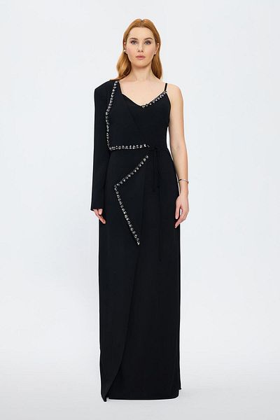 CENGIZ AKTURK One Sleeve Stone Embroidered Long Evening Dress - 3019B