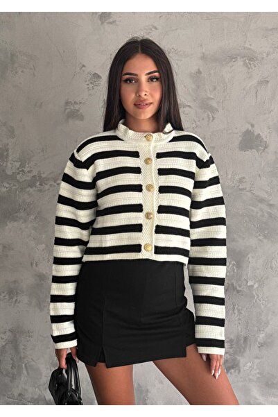 owiç Women's Crew Neck Gold Buttoned Striped Knitwear Cardigan