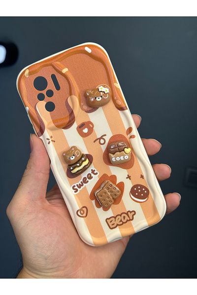 Fibaks حافظة Redmi Note 10/10s بتصميم منقوش لحماية الكاميرا على شكل دمية دب بسكويت وغطاء سيليكون بلون القهوة