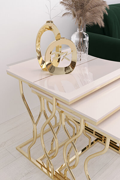 Puklife Hayal 3'lü Kare Zigon Sehpa Seti Gold Ayak, Krem Mdf