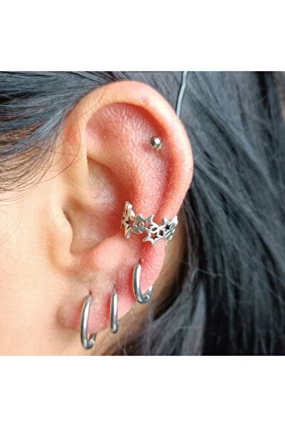 Amor Center Gümüş Renk Pirinç Kıstırmalı Sıkıştırmalı Deliksiz Kıkırdak Küpesi Piercing