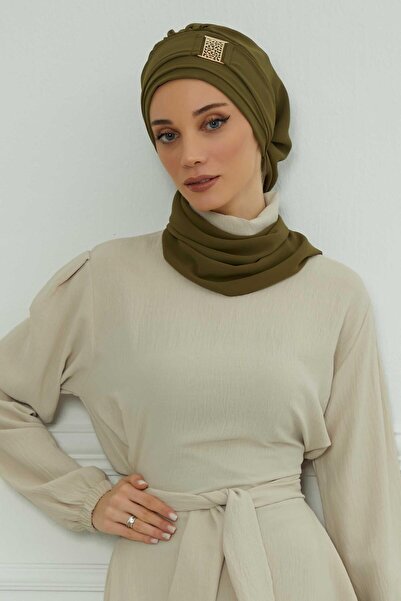 Aisha's Design Σχεδιαστικό τουρμπάνι από σιφόν με χρυσά αξεσουάρ, HT-11, Χακί Πράσινο