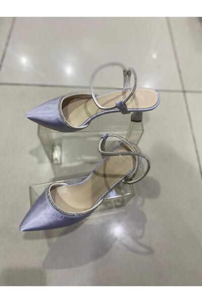 Aysun Ayakkabı gri dış meteryal saten taş aksesuarlı kısa topuklu taşlı çok z...