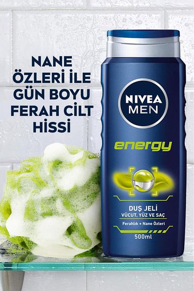 NIVEA Men's Shower Gel Energy 500ml - Complete Care, Body Hair Face and Fresh Skin Feeling