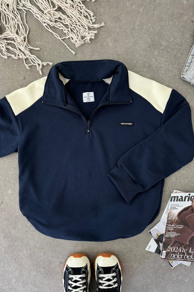 Sun Victoria Φούτερ Unisex Navy Blue με ψηλό γιακά Oversize με 3 κλωστές