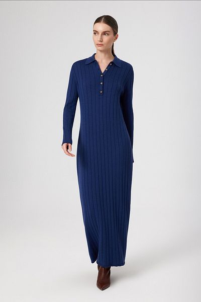 Mısırlı Rochie lungă cu nervuri cu gât polo bleumarin