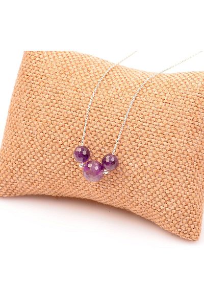 Taş Sandığı Amethyst Stone Silver Necklace - Three Balls