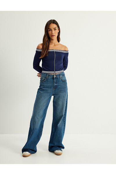 Koton Long Sleeve Zippered Off-Shoulder Sweater