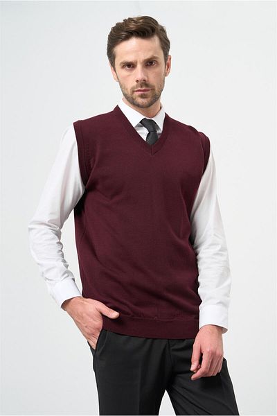 İmza Claret Red Plain Knitted V-Neck Classic Comfort Fit Knitwear 1012245003