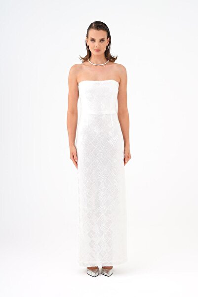 CENGIZ AKTURK Baklava Desen Payetli Straplez Uzun Abiye Elbise - 9163C