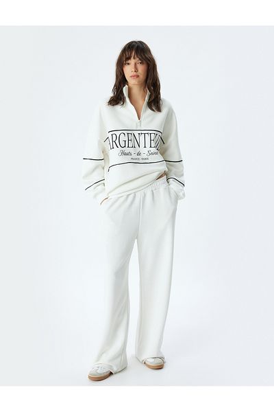 Koton Oversize Printed Sweatshirt - Half Zipper, Stand Collar, Three Thread Raster