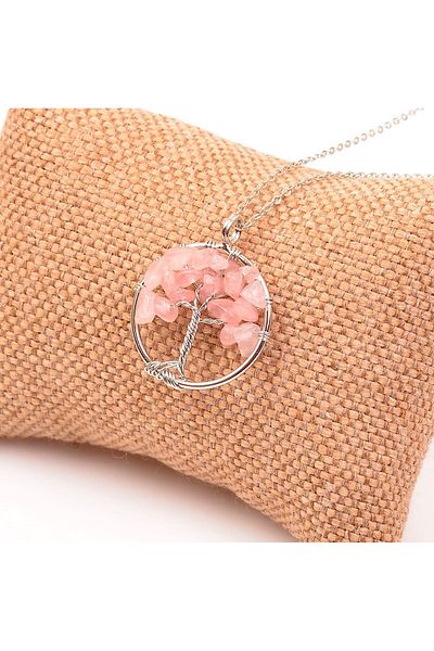 Taş Sandığı Pink Quartz Stone Tree of Life Necklace
