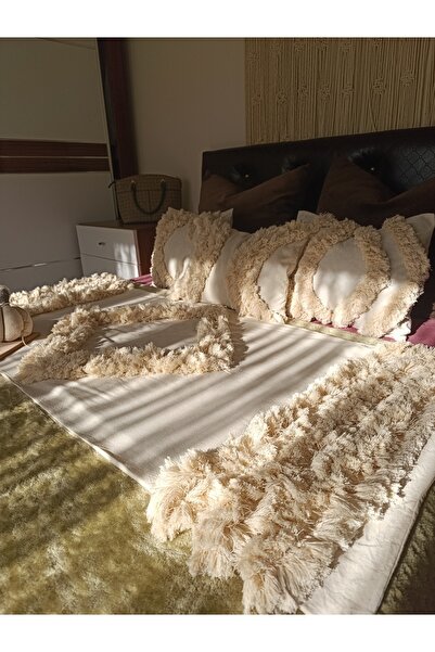 Kubrahobi Çift kişilik kişilik yatak runneri 60 x 200 ölçülerinde 3 adet kırlent kılıf takım ekru renk bohem