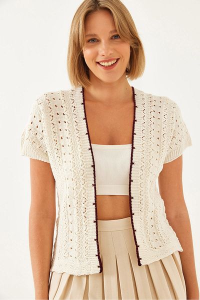 Bianco Lucci Kurzärmliger, durchbrochener Strick-Cardigan für Damen 20246209