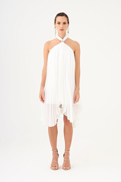 CENGIZ AKTURK Halter Yaka Broş Detaylı Piliseli Mini Abiye Elbise - 9127C