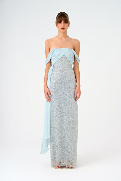 CENGIZ AKTURK Şifon Düşük Omuzlu Taşlı Uzun Abiye Elbise - 9112C