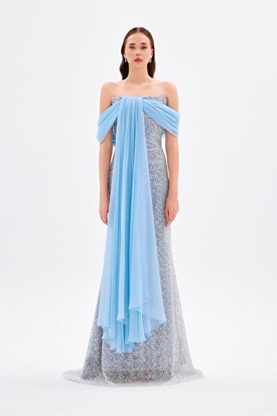 CENGIZ AKTURK Düşük Omuz Detaylı Taşlı Straplez Uzun Abiye Elbise - 9016C