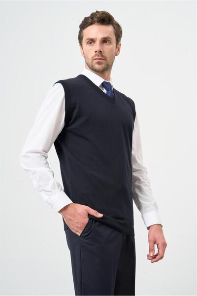 İmza Dark Navy Blue Plain Knitted V-Neck Classic Comfort Fit Knitwear 1012245003