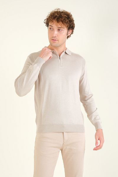 Giyim Dünyası Stone Color Men's Polo Collar Sweater - Half Zipper