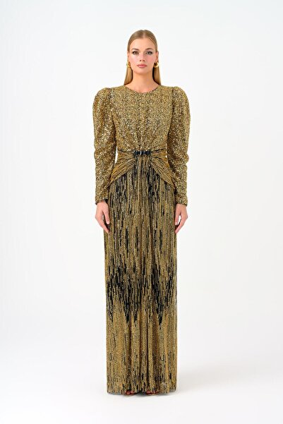 CENGIZ AKTURK Taş İşlemeli Karpuz Kollu Uzun Abiye Elbise - 9089C