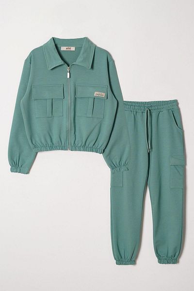 zepkids Polo Collar Zippered Bottom Cargo Pocket Elastic Leg Dark Green Color Girl's Tracksuit Set