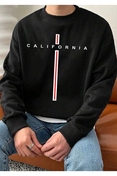 Buğraterzimoda California Printed Crew Neck Black Oversize Sweatshirt