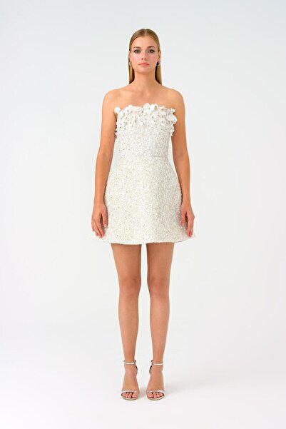 CENGIZ AKTURK Taş ve Payet İşlemeli Straplez Mini Abiye Elbise - 9012C