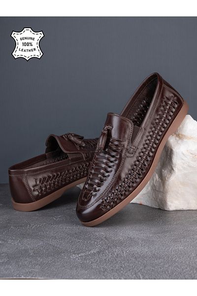 Styli Genuine Leather Handmade Woven Tassel Loafers