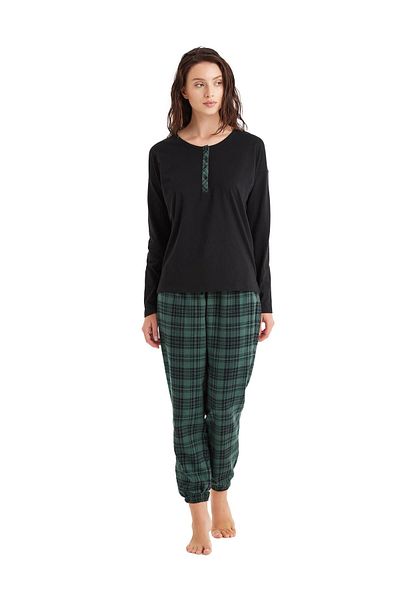 Blackspade Costum de pijama pentru femei cu mânecă lungă, neagră, 100% bumbac C7T7N4O06