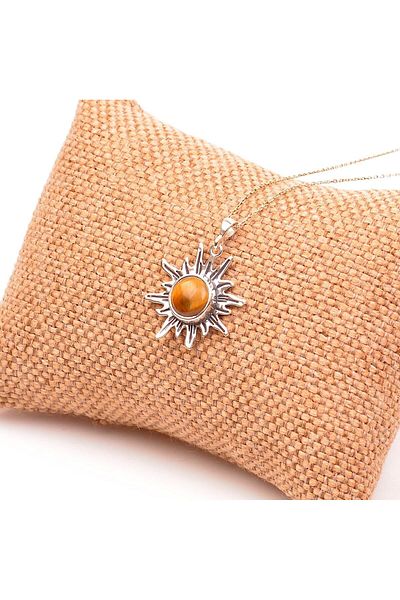 Taş Sandığı Sun Shaped Tiger Eye Stone Silver Necklace