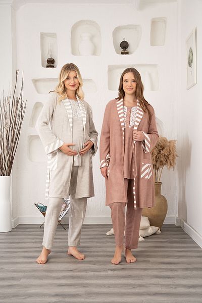 LOHOUSE Women's Tile Honeycomb Lace Winter Maternity Maternity Dressing Gown 3-Piece Pajama Set