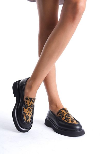 Mubiano Collection Women's Leopard Detailed Thick Sole Genuine Leather Loafer Leopard/Black - Mcrgn7010 - Slpr