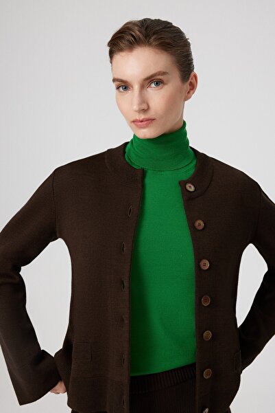 Mısırlı Kahverengi Yuvarlak Yaka Düğmeli Kadın Ceket