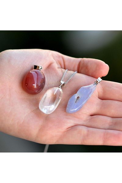 Taş Sandığı Crystal Quartz and Chalcedony Stone Agate Necklace - Non-Tarnish Chain