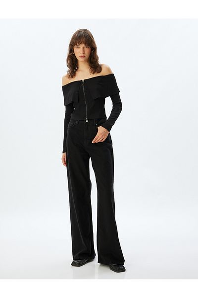 Koton Zippered Long Sleeve Knitwear Slim Fit Off-The-Shoulder Vest