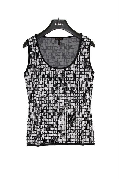 Escada Square Patterned Deep Collar Sleeveless Black Sweater