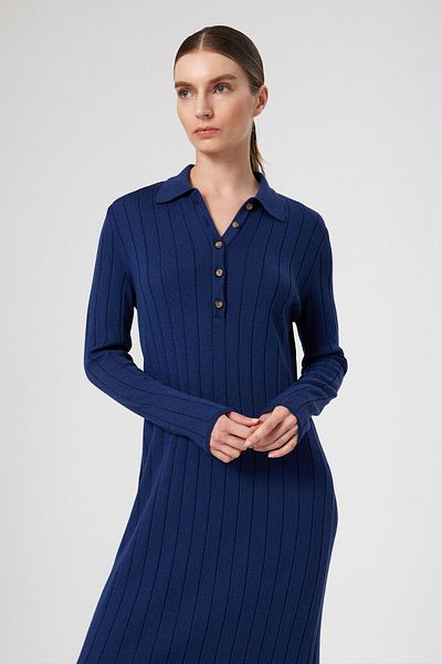 Mısırlı Rochie lungă cu nervuri cu gât polo bleumarin
