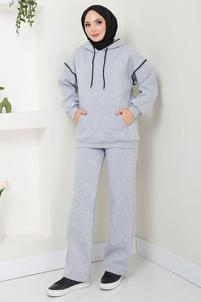 hafsamina Gray Shepherd Embroidered Three Thread Hooded Tracksuit Set - Hm2579