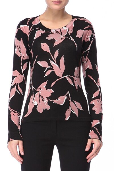 Escada Çiçek Desenli Bisiklet Yaka Siyah Yün ve İpek Triko Kazak