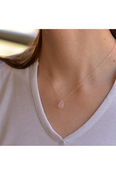Taş Sandığı Pink Quartz Stone Silver Necklace - Drop Shaped