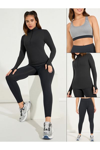 Styli Pack of 3 - Half Zip Up Thumbhole Detail Top, Sports Bra & Leggings Set