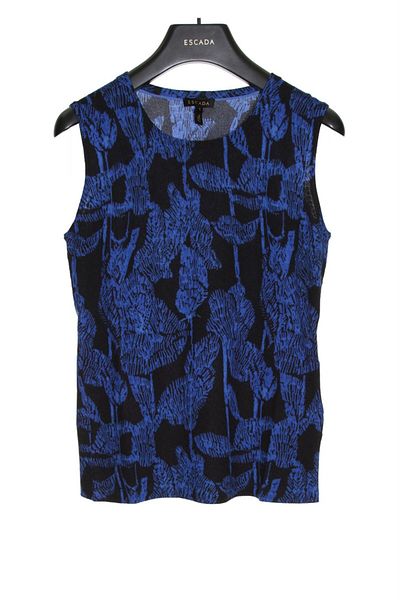 Escada Patterned Sleeveless Blue Wool Sweater