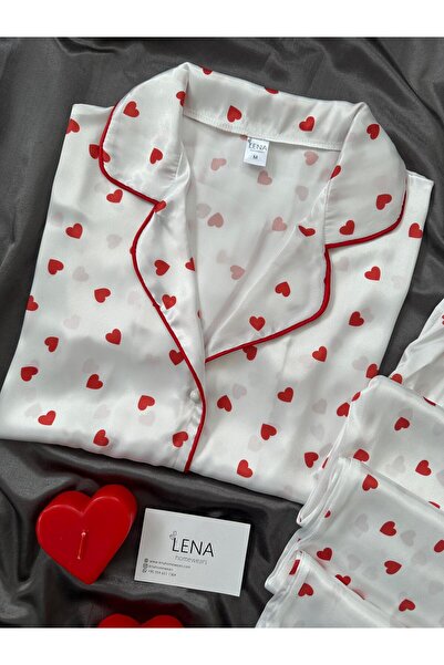 Lena Homewears Σετ Πιτζάμες My Heart Red Heart με σχέδιο σατέν
