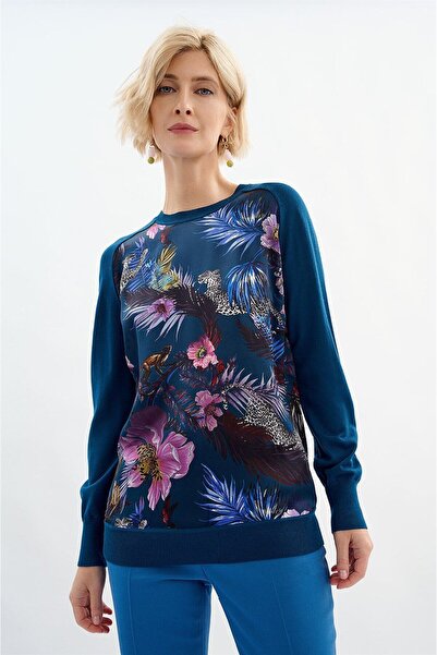 Escada Çiçek Desenli Petrol Yeşili İpek ve Yün Kazak