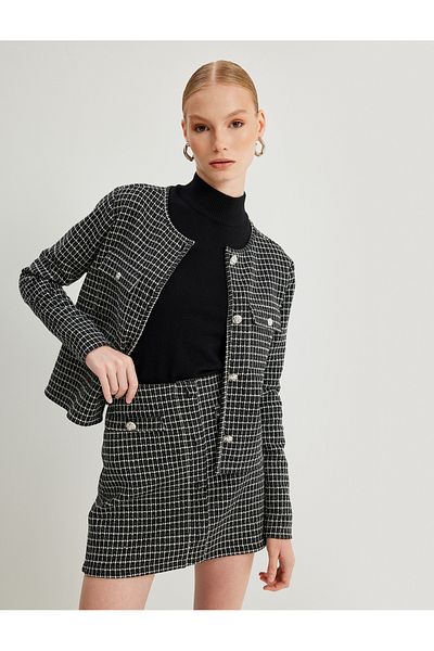 Koton Round Neck Buttoned Tweed Jacket with Flap Pocket Detail