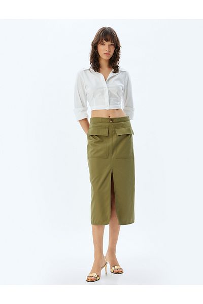 Koton High Waist Pocket Front Slit Detail Midi Pencil Skirt