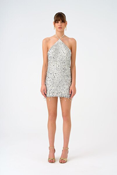 CENGIZ AKTURK Boyundan Askılı Taşlı Mini Abiye Elbise - 9186C