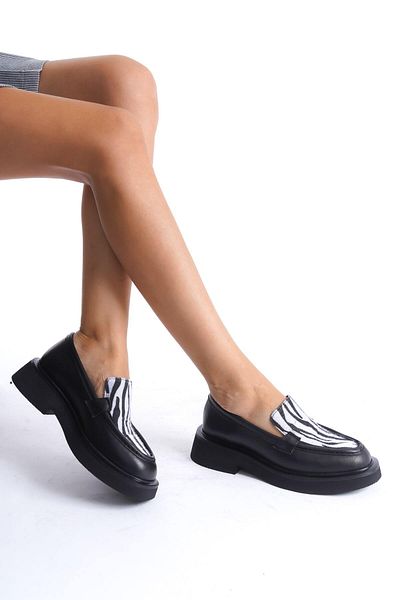 Mubiano Collection Loafer din piele naturală cu talpă groasă cu detaliu zebră pentru femei Zebra/negru - Mcrgn7010 - Szbr